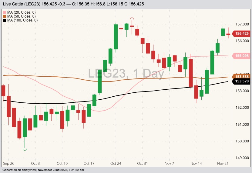 CME February 2023 live cattle with 20-, 50- and 100-day moving averages. (Barchart)
