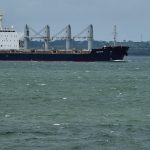The Navi Star, a Panama-flagged bulk carrier ship, arrives at the western Ireland port of Foynes delivering 33,000 tonnes of Ukrainian corn on Aug. 20.