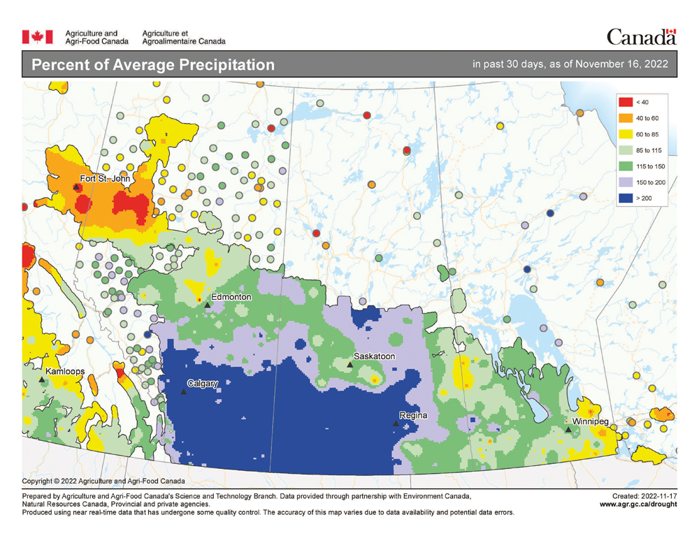 This map shows the total amount of precipitation that fell across the Prairies over the 30-day period ending Nov. 16 as a percent of average. It has clearly been a wet 30-day period across the southern half of Alberta and most of southern Saskatchewan. The only dry area was in northwestern Alberta.