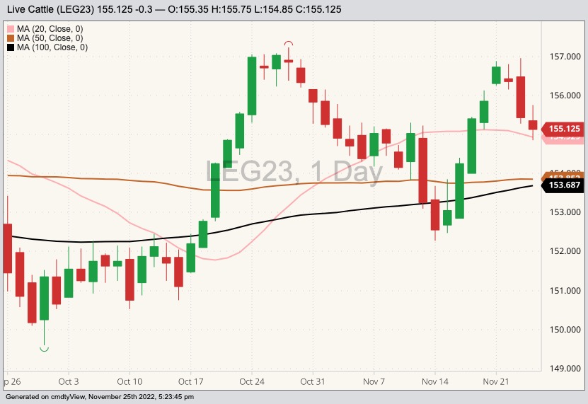 CME February 2023 live cattle with 20-, 50- and 100-day moving averages. (Barchart)
