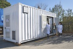 A FuelPositive containerized production system. The system combines hydrogen produced from water through electrolysis and nitrogen extracted from the air to produce anhydrous ammonia that can be stored on-farm.