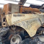 A combine destroyed by a fire following a Russian rocket attack.