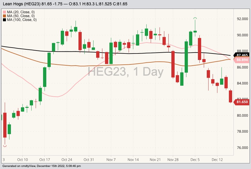 CME February 2023 lean hogs with 20-, 50- and 100-day moving averages. (Barchart)
