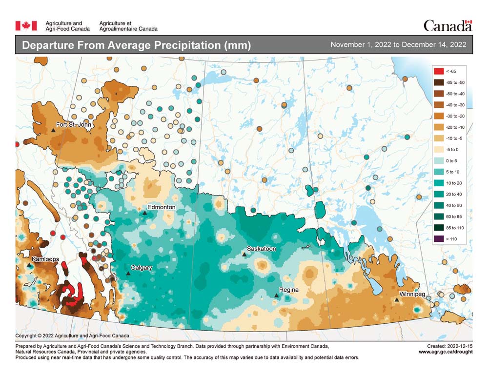 This map shows the departure from average precipitation across the Prairies so far this winter (November 1 to December 14).  Looking at the map you can see that the region stretching from southern and central Alberta east-northeastwards through Saskatchewan has seen above-average amounts.  Areas on both sides of this (southern Manitoba and the Peace River region of Alberta) have been drier, with below-average amounts of precipitation recorded in most areas.