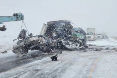 Vehicles are shown wrecked along the Highway 401/402 corridor near London, Ont. on Dec. 23, 2022. (Ontario Provincial Police photo via Twitter)
