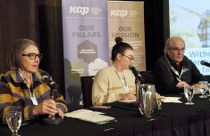 Panelists speak about the Manitoba Farmer Wellness Program at the KAP AGM. Left to right: Roberta Galbraith, Dr. Brianna Hagen and Gerry Friesen.