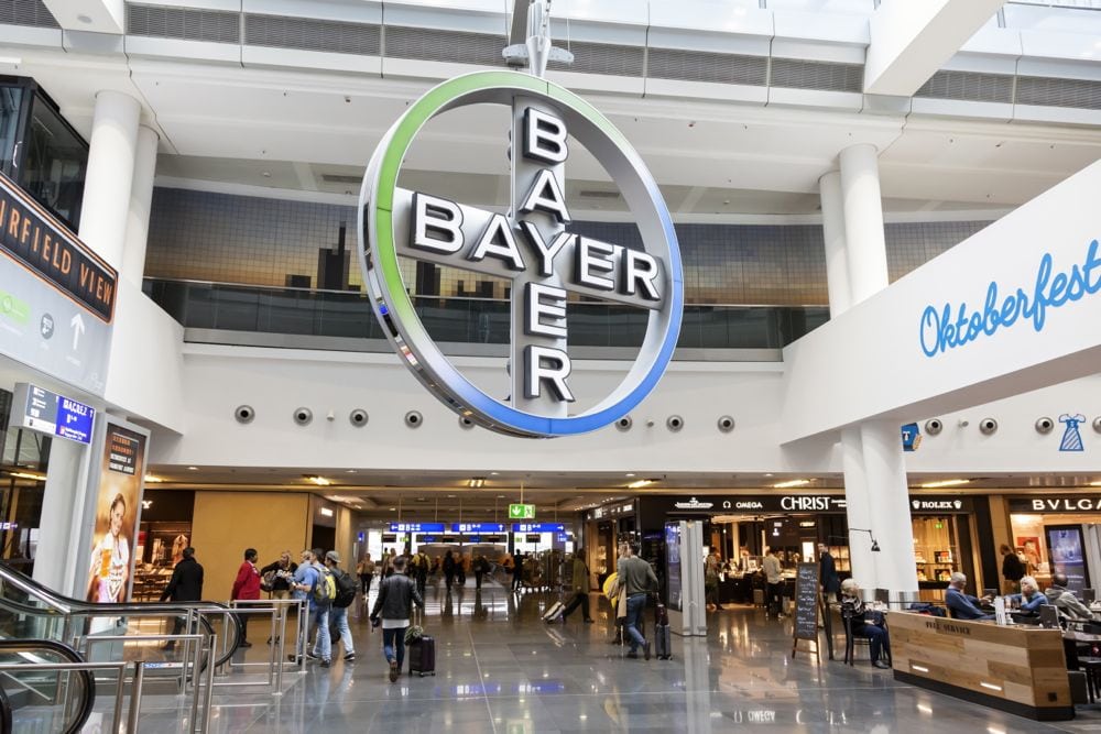 Bayer’s cross symbol hangs in a terminal at Frankfurt International Airport. (Typhoonski/iStock Editorial/Getty Images)
