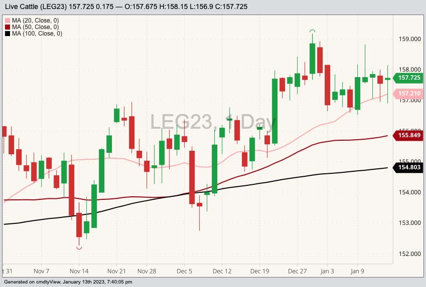 CME February 2023 live cattle with 20-, 50- and 100-day moving averages. (Barchart)
