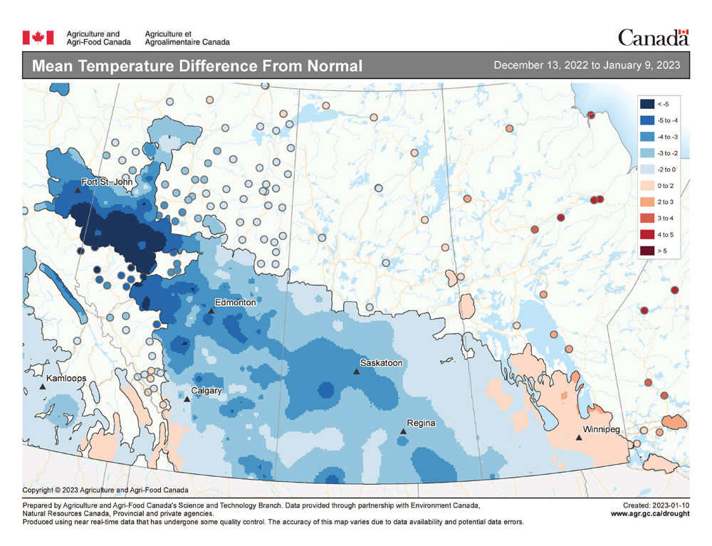 This issue’s map shows the mean temperature difference from average (normal) across the Prairies during the 30 days ending Jan. 9. This map nicely shows the location of the cold air mass that dominated much of the Prairies during this period, with the coldest air centred in far northwestern Alberta, stretching southeastward into southwestern Saskatchewan.