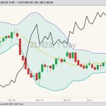 CBOT March 2023 soybean oil (candlesticks, right column) with Bollinger bands (20,2) and CBOT March 2023 soybean meal (black line, left column). (Barchart)

