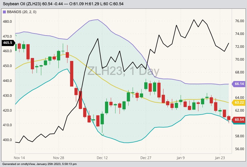 CBOT March 2023 soybean oil (candlesticks, right column) with Bollinger bands (20,2) and CBOT March 2023 soybean meal (black line, left column). (Barchart)
