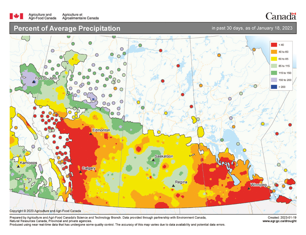 This map shows the percent of average precipitation across the Prairies during the 30-day period ending Jan. 16. This period encompasses a good portion of the warm and dry weather we have been experiencing since just before Christmas. You can quickly see that all of agricultural Manitoba has been dry, with most areas receiving less than 60 per cent of average, and large areas with less than 40 per cent of average precipitation for this period.