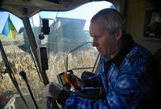 Corn is harvested on the Roksana-K farm, Vinnytsia, west-central Ukraine.