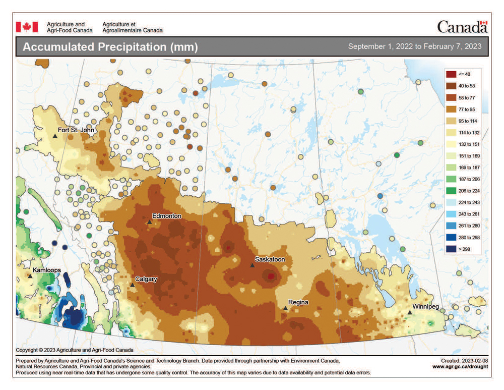 This map shows the total amount of precipitation that has fallen across the Prairies so far this agricultural year (Sept. 1 to Feb. 7). With the exception of a few small areas in southeastern Manitoba, most of the Prairies have seen less than 132 mm of precipitation, with large parts of Saskatchewan and Alberta seeing less than 95 mm.