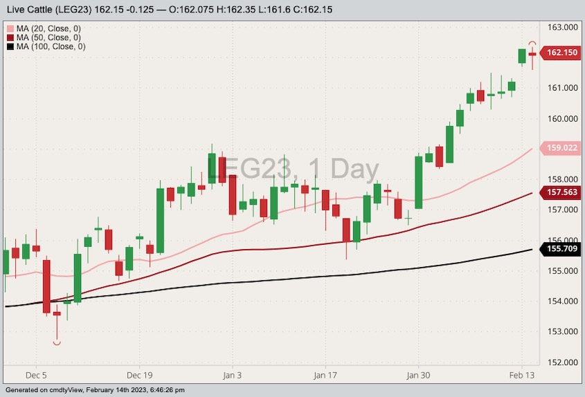 CME February 2023 live cattle with 20-, 50- and 100-day moving averages. (Barchart)
