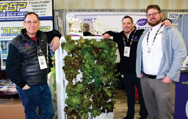 (Left to right) Rick Langille, William Aitken and Scott Hyndman of Harvest Today pose in their Ag Days booth in January.