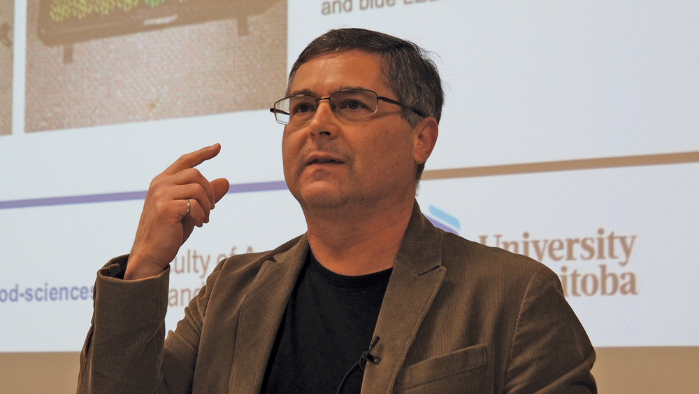 Dr. Danny Mann speaking at a seminar on automated tractors in February at the University of Manitoba.