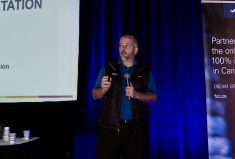 Josh Linville, vice president of fertilizer for StoneX Group Inc, speaking at AgDays in Brandon in January.
