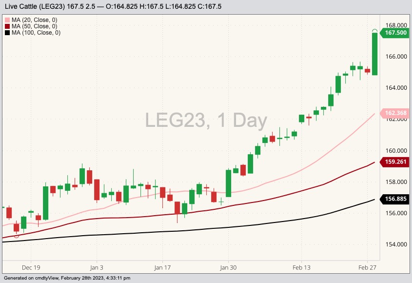 Expiration day for CME’s February 2023 live cattle contract, with 20-, 50- and 100-day moving averages. (Barchart)
