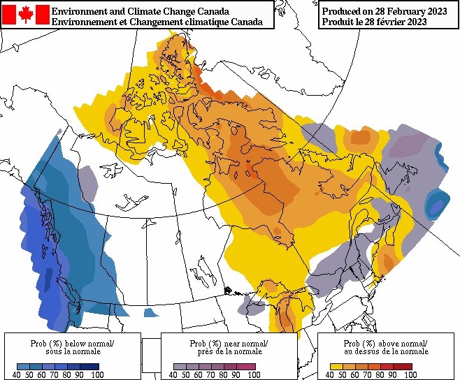 Forecast probability of temperature above, below and near normal (calibrated) for the period of March, April and May 2023. (Map by Environment and Climate Change Canada)

