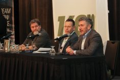Mario Tenuta, Jared Munro and Wayne Rempel speak during a panel discussion at the KAP AGM Jan. 24.