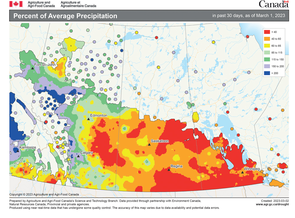 This map shows the percent-of-average precipitation that fell across the Prairies over the 30-day period ending March 1, or basically during the month of February. It was a dry month across all of Manitoba, most of Saskatchewan and east-central Alberta. These areas received less than 60 per cent of average precipitation, with large regions seeing less than 40 per cent.