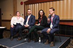 Policy staff (left to right) Brenna Mahoney of KAP, Brandon Leslie of Grain Growers of Canada, Janelle Whitely from the Canadian Canola Growers Association and Greg Northey of Pulse Canada speak during a panel discussion at CropConnect on Feb. 16.