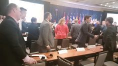 Prime Minister Justin Trudeau shakes hands following his address to the Canadian Federation of Agriculture general meeting in early March.