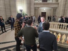 AMM president Kam Blight speaks to media at the Legislature after the province released its 2023 budget March 7.