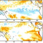 Pacific Ocean sea surface anomalies (in degrees Celsius) for the weeks centred on Jan. 4 (top) and March 15, 2023 (bottom).