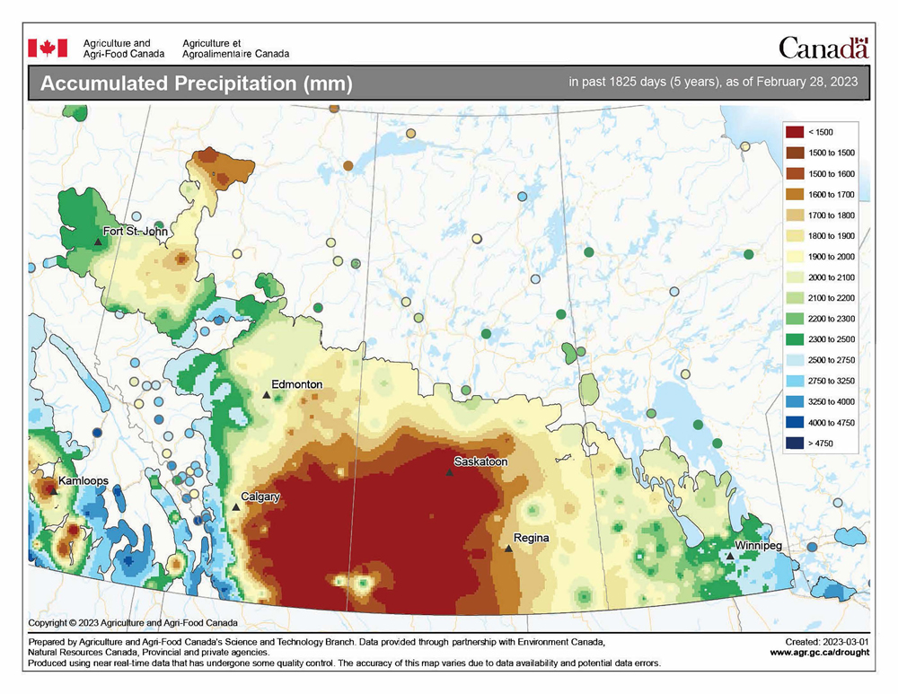 I don’t think I have ever shown this map before. It shows the accumulated precipitation across the Prairies for the 5-year period ending February 28, 2023. The map nicely shows the typical pattern of precipitation across our region, with the Alberta foothills and southeast Manitoba being the wettest, while southeastern Alberta and southwestern Saskatchewan being the driest.