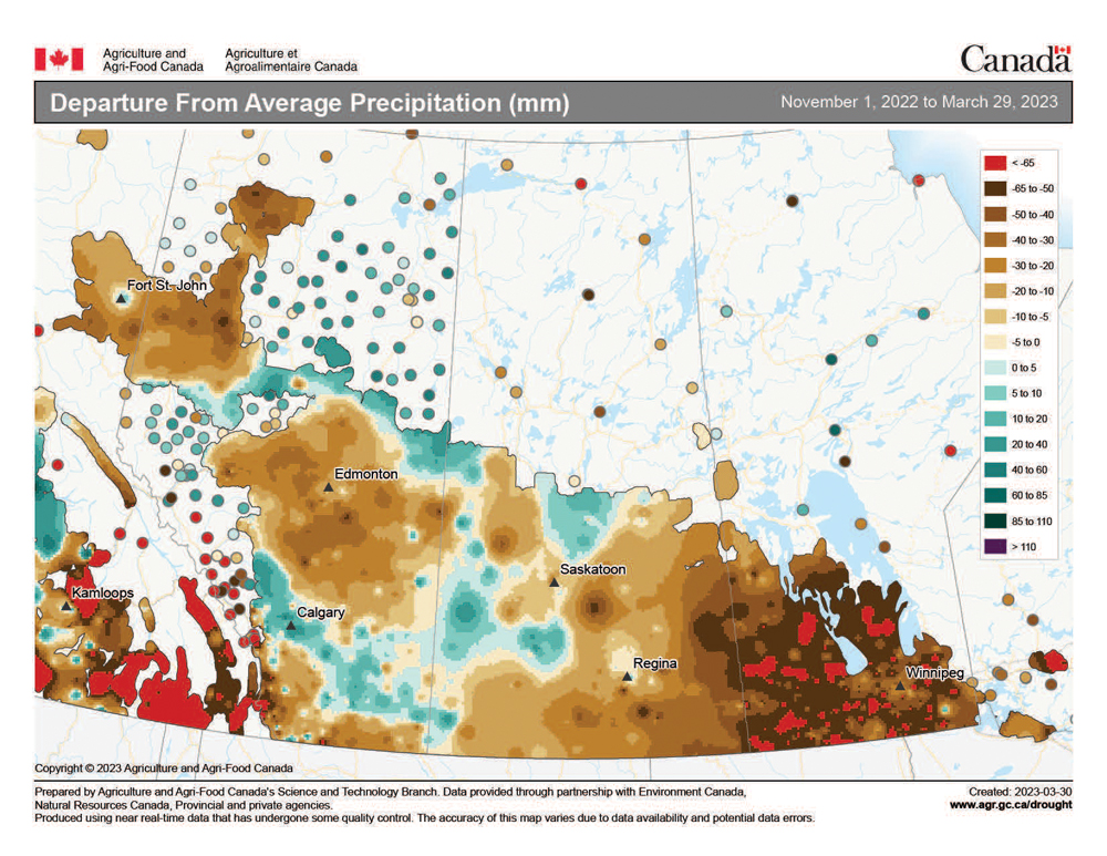 This map shows the departure from average precipitation (mm) across the Prairies during this past extended winter (November to March). The driest region was across agricultural Manitoba, though most regions saw below-average amounts (browns), with only a few areas of Alberta and western Saskatchewan receiving above-average amounts.
