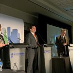 Heather Stefanson, Manitoba NDP leader Wab Kinew and Manitoba Liberal leader Dougald Lamont at the AMM provincial leaders forum April 4.