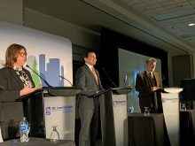 Heather Stefanson, Manitoba NDP leader Wab Kinew and Manitoba Liberal leader Dougald Lamont at the AMM provincial leaders forum April 4.