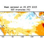 Pacific Ocean sea surface temperature (SST) anomalies, in degrees Celsius, for the week centred on April 5, 2023. (CPC.ncep.noaa.gov)