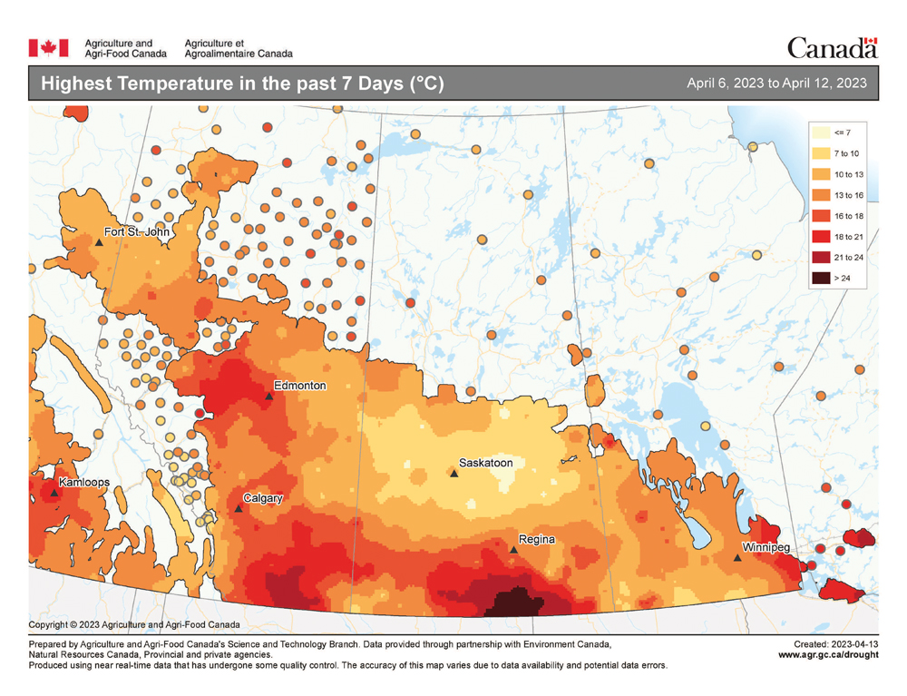 I don’t think I have ever shown this particular map that depicts the warmest daytime highs across the Prairies. This one is for the 7-day period ending on April 12. The map captures a picture of the mild air that flooded across the Prairies during this period as temperatures pushed 20 C in several regions, with a small area south of Regina seeing temperatures in the 25 C range. The cooler regions were where the snow cover was the heaviest.