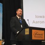 Iowa Pork Producers Association director Aaron Juergens speaks at the Manitoba Pork Council annual meeting in Winnipeg April 13.