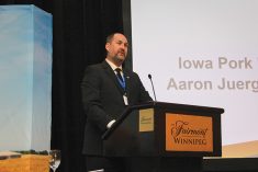 Iowa Pork Producers Association director Aaron Juergens speaks at the Manitoba Pork Council annual meeting in Winnipeg April 13.
