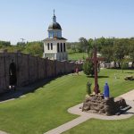 The top of the stone wall provides a unique perspective of the bell tower and grounds.