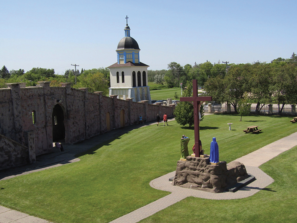 The top of the stone wall provides a unique perspective of the bell tower and grounds.