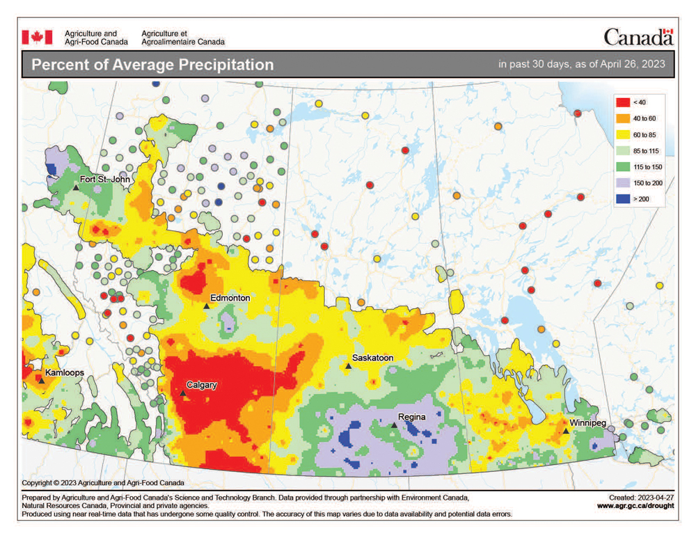 This issue’s map shows the total amount of precipitation as a percentage of average that fell across the Prairies during the 30 days ending April 19. There were two notable areas: the large dry region in Alberta, and the near- to slightly wetter-than-average part of southern Saskatchewan. Over Manitoba, April was a bit of a mixed bag when it came to precipitation, with western regions seeing below average and extreme southern and eastern regions seeing near to above average.