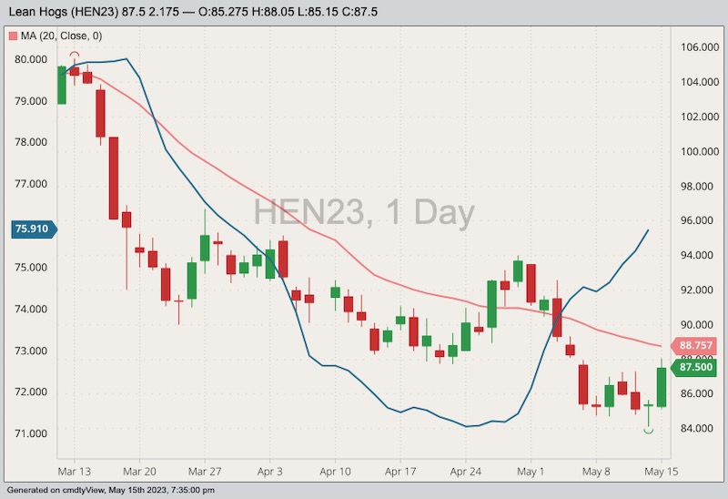 CME July 2023 lean hogs with 20-day moving average (pink line, right column) and CME cash lean hog index (blue line, left column). (Barchart)
