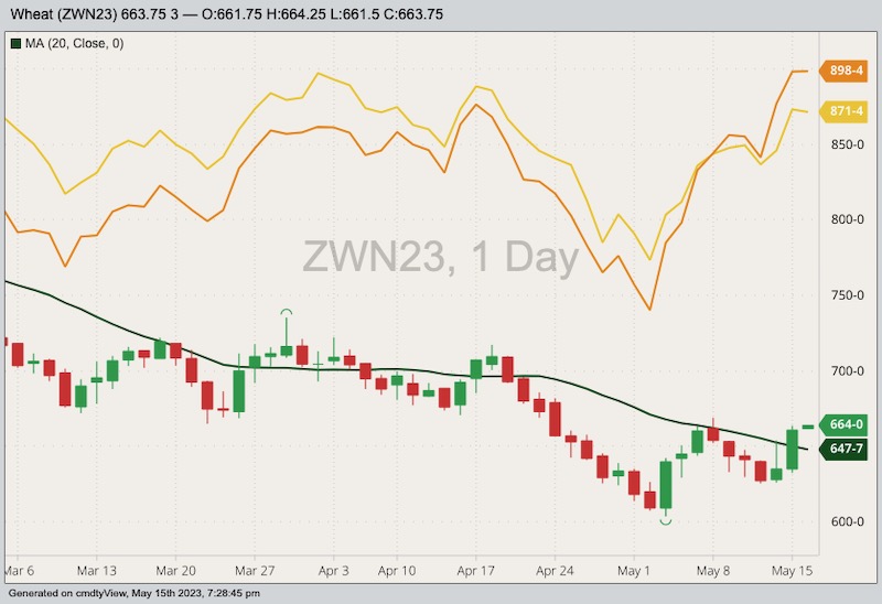 CBOT July 2023 soft red winter wheat with 20-day moving average, MGEX July 2023 hard red spring wheat (yellow line) and K.C. July 2023 hard red winter wheat (orange line). (Barchart)
