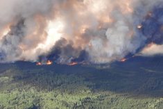Smoke rises from a wildfire southeast of Fort Nelson in northeastern B.C. on May 27, 2023.