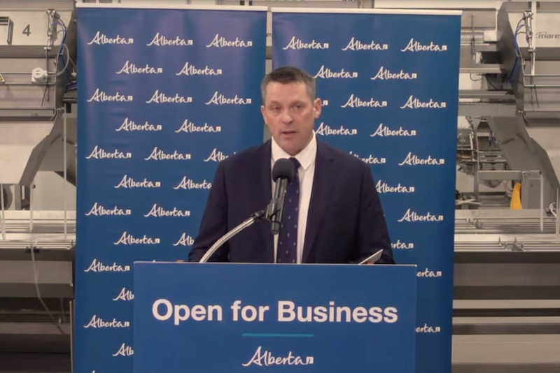 Ag Minister Nate Horner speaks at the Harmony Beef plant at Balzac, Alta. on Feb. 7, 2023. (Government of Alberta video screengrab via YouTube)
