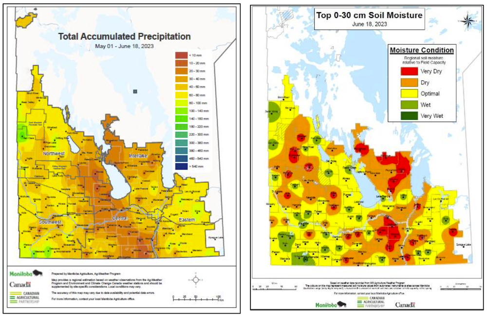 Figure 1 (left): Total accumulated precipitation; Figure 2 (right): Top 0-30 cm soil moisture.