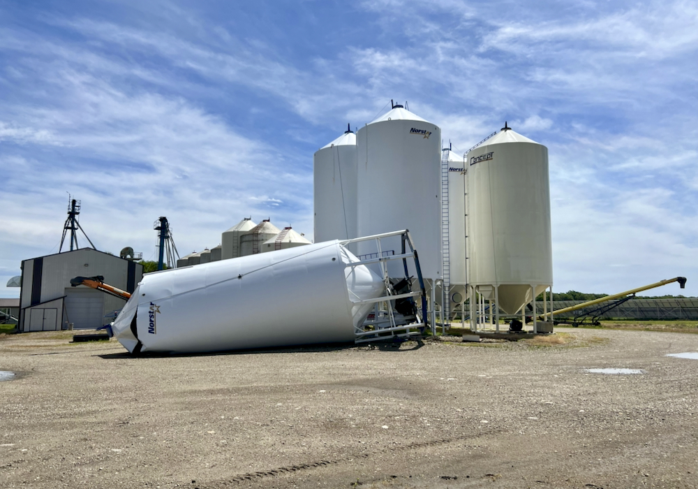 A downed grain bin near Wawanesa is the result of a June 20 storm that brought winds stronger than 90 kilometres an hour and dropped around two inches of rain within half an hour on the Ellis farm. Despite the damage, Simon Ellis says they badly needed the precipitation.