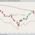 CME August 2023 lean hogs with 100-day moving average and October 2023 lean hogs (brown line). (Barchart)

