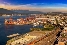 Aerial view of Centerm, a Burrard Inlet terminal for containerized cargo at the Port of Vancouver. Manitoba Pork says the hog sector has been especially at risk during the port strike.