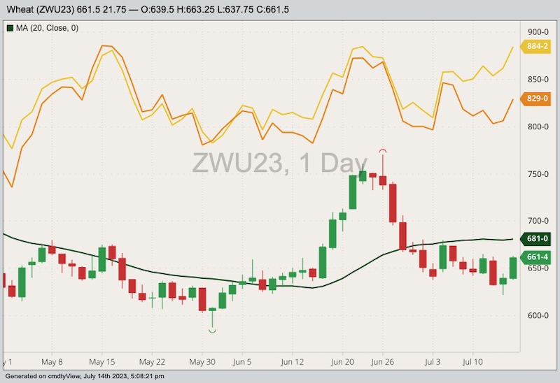 CBOT September 2023 soft red winter wheat with 20-day moving average, MGEX September 2023 hard red spring wheat (yellow line) and K.C. September 2023 hard red winter wheat (orange line). (Barchart)
